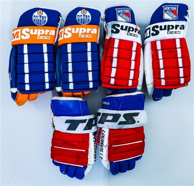 Vintage New York Rangers Game-Used/Practice Hockey Glove Pair and Single Collection of 9 Including Esa Tikkanen and Sergei Nemchinov Plus Brett Hull Signed Photo