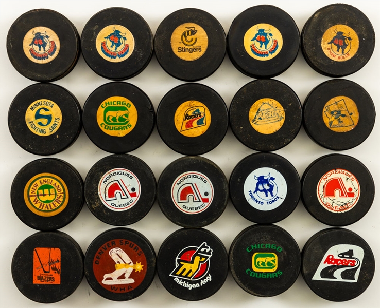 WHA 1970s Art Ross, Biltrite, CCM and Viceroy Official Game Puck / Souvenir Puck Collection of 41 from the Personal Collection of Norm Scully with His Signed LOA 