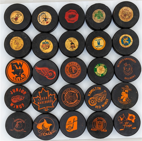 Vintage Puck Collection of Approximately 700 from the Personal Collection of Norm Scully with His Signed LOA - Minor Pro, Junior, International, NHL, College, Advertising and More! 