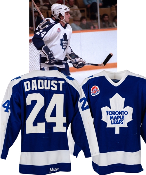Dan Daousts 1983-84 Toronto Maple Leafs Game-Worn Jersey - City of Toronto 150th Patch! - Numerous Team Repairs!
