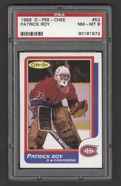 1986-87 O-Pee-Chee Hockey Card #53 HOFer Patrick Roy Rookie - Graded PSA 8