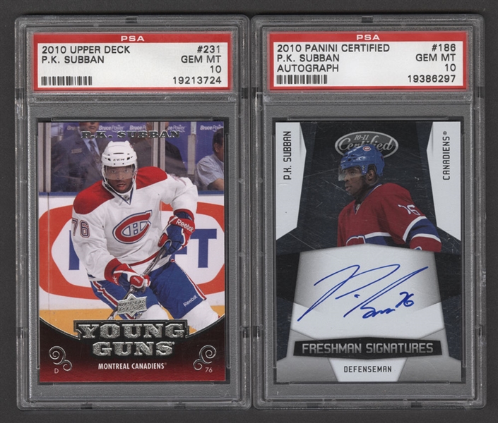 2010-11 UD Young Guns Hockey Card #231 P.K. Subban Rookie (Graded PSA 10) and 2010-11 Panini Certified Freshman Signatures #186 P.K. Subban Rookie (Graded PSA 10) 
