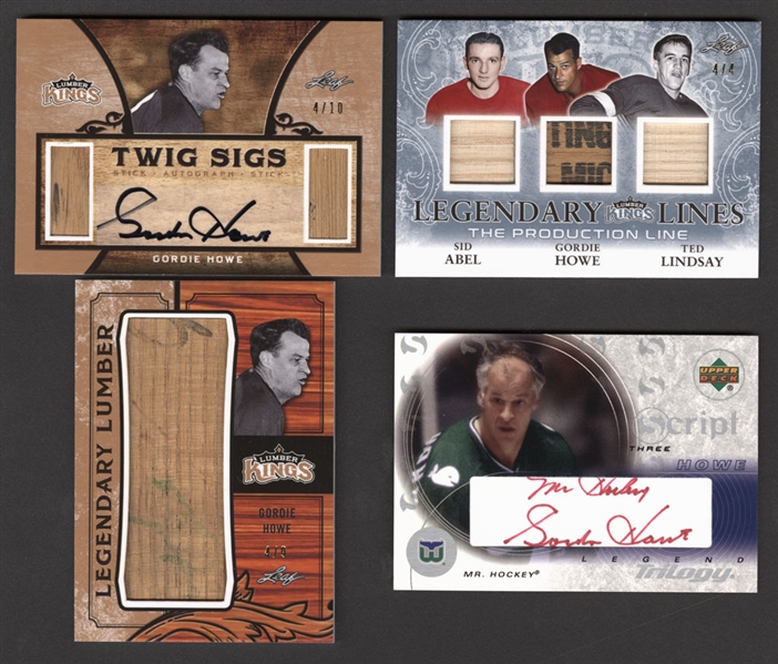 Gordie Howe Hockey Cards (4) Including 2016 Leaf Lumber Kings Twig Sigs #TS-GH1 (4/10), 2016 Leaf Lumber Kings Legendary Lumber #LLS-11 (4/9) and Leaf Lumber Kings Legendary Lines #LL-01 (4/4)