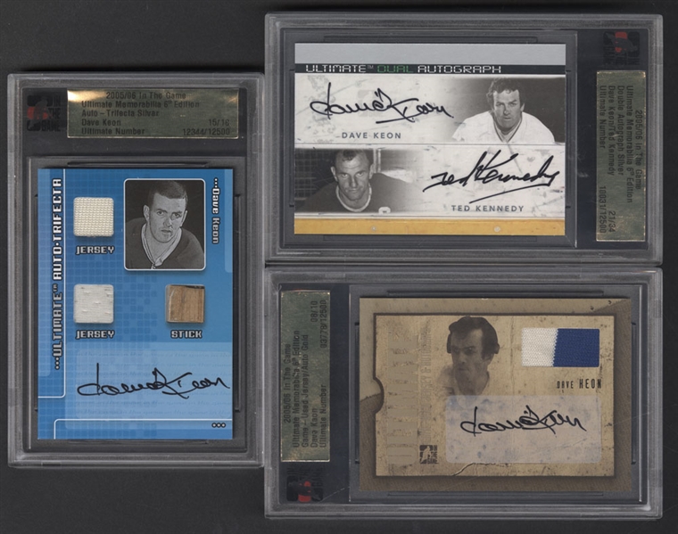 Dave Keon/Ted Kennedy 2005-06 ITG Ultimate Memorabilia Cards (4), 2005-06 ITG Autograph Gold Esposito & Coffey (/10) and 2016-17 Leaf Lumber Kings Bob Pulford Game-Used Stick (3/4)
