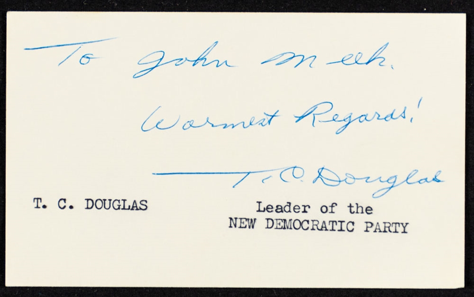 Premier of Saskatchewan Tommy Douglas Signed Index Card - First Leader of the NPD / Deceased 1986