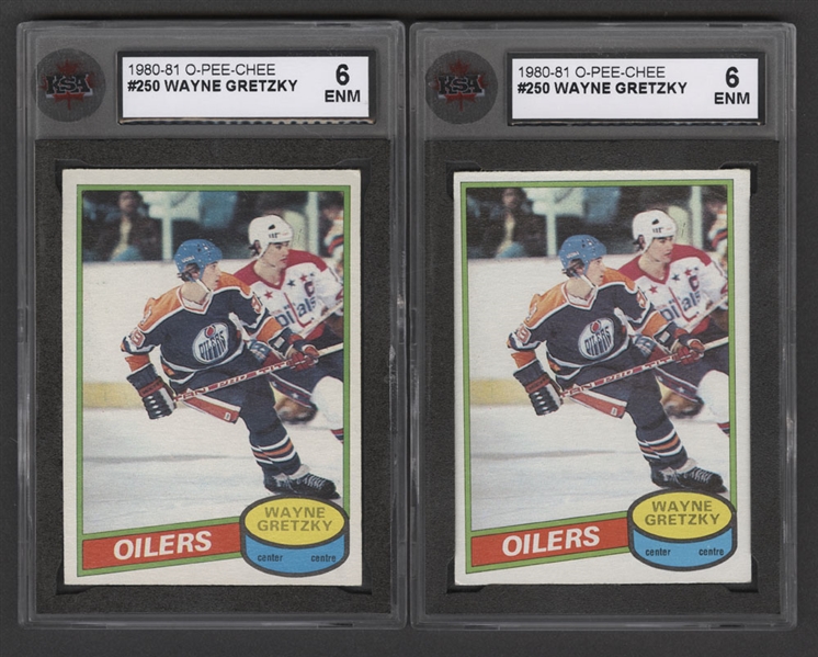 1980-81 O-Pee-Chee Hockey Card #250 HOFer Wayne Gretzky (2) - Both Graded KSA 6