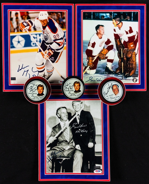 Wayne Gretzky and Gordie Howe Signed/Dual-Signed Pieces Collection (7) Including Stick, Pucks and Photos - Most Pieces with COAs Including PSA/DNA