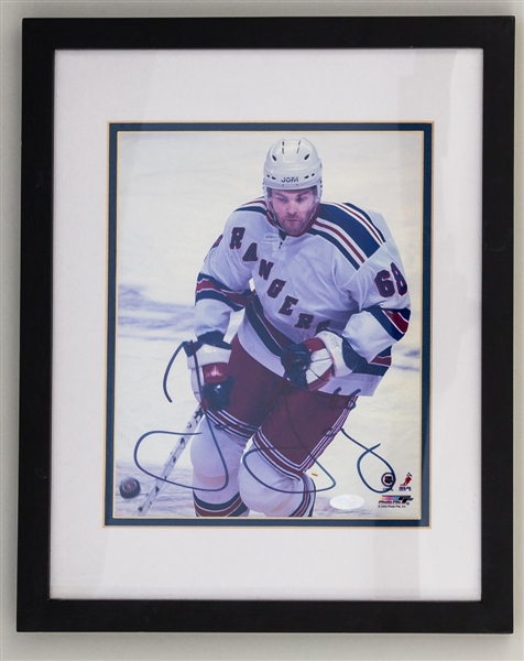 Jaromir Jagr (Rangers), Mike Bossy (Islanders) and Patrick Lalime (Senators) Signed Framed Photos (3) Plus Don Cherry Signed Hockey Stick