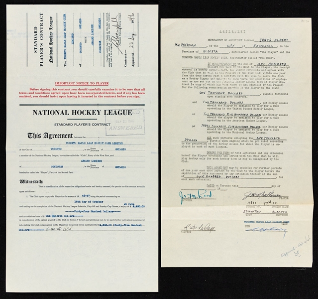 Toronto Maple Leafs 1940s/50s Official NHL Players Contract and Document Collection of 4 with Deceased HOFers Hap Day and Clarence Campbell Signatures