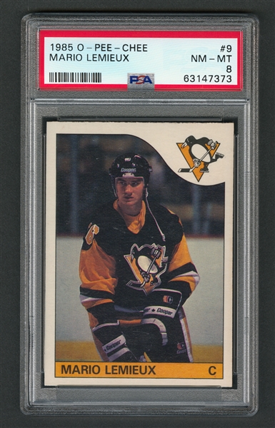 1985-86 O-Pee-Chee Hockey Card #9 HOFer Mario Lemieux Rookie - Graded PSA 8