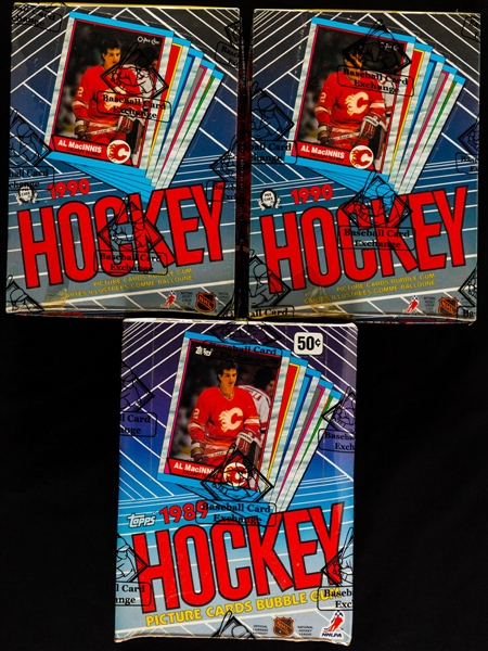1989-90 O-Pee-Chee Wax Boxes (2 - Each with 48 Unopened Packs) & Topps (1 - with 36 Unopened Packs) - BBCE Certified - Joe Sakic, Brian Leetch, Theoren Fleury and Trevor Linden Rookie Card Year