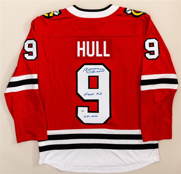 Bobby Hull Signed Chicago Black Hawks Fanatics Jersey with “Hart X2” and “65-66” Inscriptions - COA 