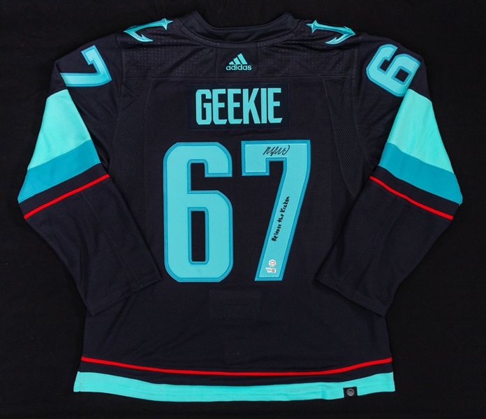 Morgan Geekie Signed Seattle Kraken Jersey with “Release the Kraken” Inscription – COA 