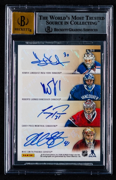 2013-14 Panini Contenders Autographs Gold Hockey Card #C8-G (19/20) - Signed by 8 Goalies Including Tretiak, Craig, Brodeur, Price Luongo and Lundqvist - Graded Beckett 9