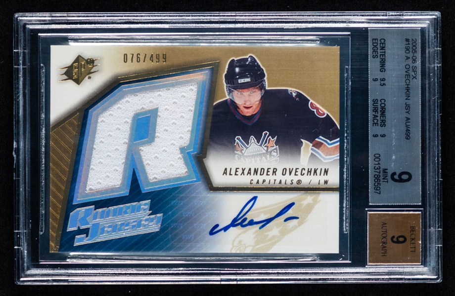 2005-06 Upper Deck SPx Rookie Jersey Autograph Hockey Card #190 Alexander Ovechkin RC (076/499) - Graded Beckett 9  