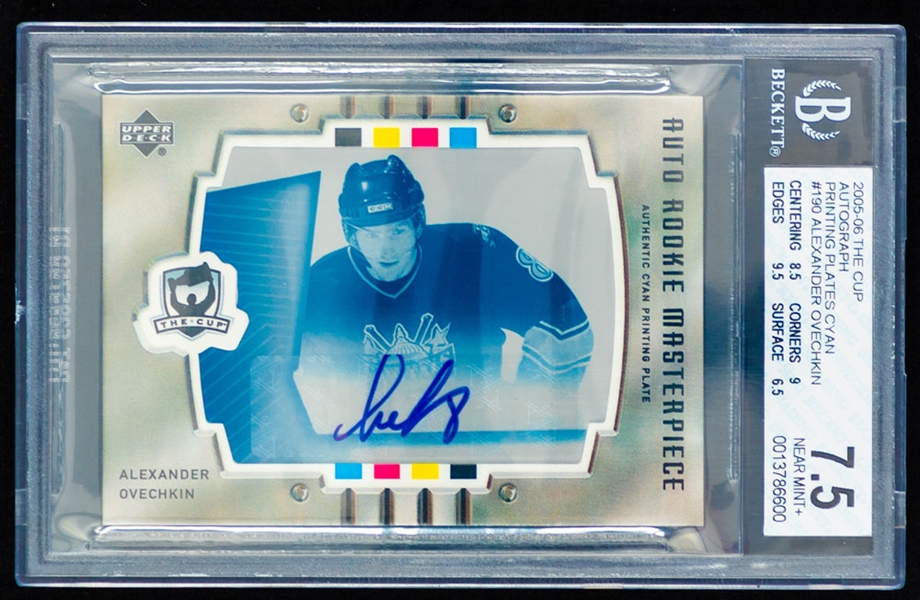 2005-06 The Cup Auto Rookie Masterpiece Printing Plates Cyan Hockey Card #190 Alexander Ovechkin (1/1) - Graded Beckett 7.5