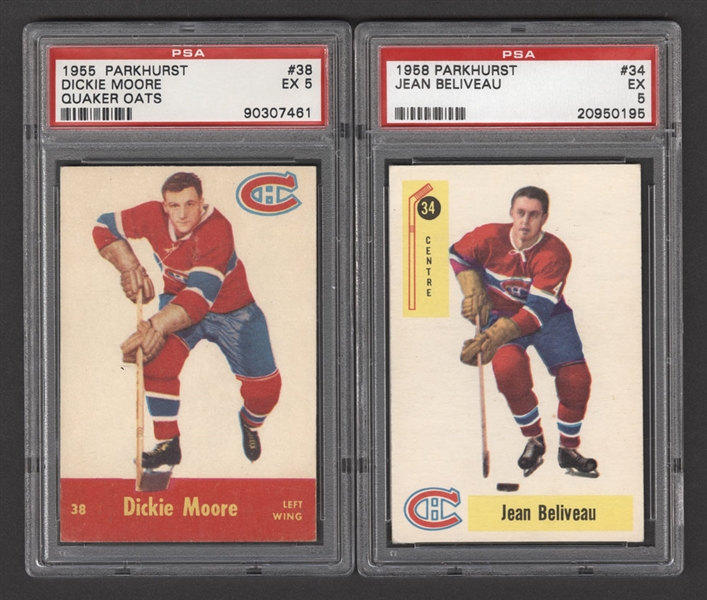 1955-56 to 1968-69 Parkhurst and O-Pee-Chee PSA-Graded Montreal Canadiens Hockey Cards (5) Including 1955-56 Parkhurst Quaker Oats #38 Moore (PSA 5) and 1958-59 Parkhurst #34 Beliveau (PSA 5)