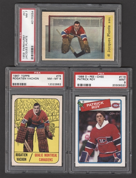 1959-60 Parkhurst Hockey Card #41 HOFer Jacques Plante (PSA 7), 1967-68 Topps #75 HOFer Rogie Vachon Rookie (PSA 8) and 1988-89 O-Pee-Chee Hockey Card #116 HOFer Patrick Roy (PSA 9)