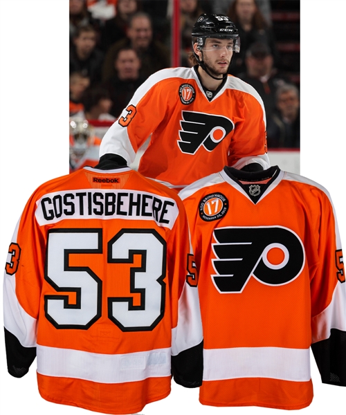 Shayne Gostisbeheres 2015-16 Philadelphia Flyers "Rod BrindAmour Flyers Hall of Fame Induction Night" Game-Worn Rookie Season Jersey with LOA - Scored Overtime Game-Winning Goal! - Photo-Matched!