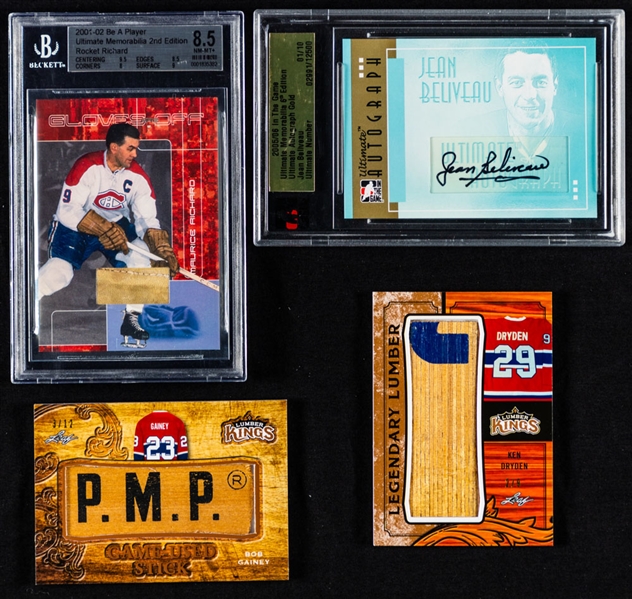 2001-02 BAP Gloves Off Maurice Richard (12/30 - Beckett 8.5), 2005-06 ITG Ultimate Autograph Gold Jean Beliveau (1/10), 2016 Leaf Lumber Kings Legendary Lumber #LLS-15 Ken Dryden (2/9) Plus Another