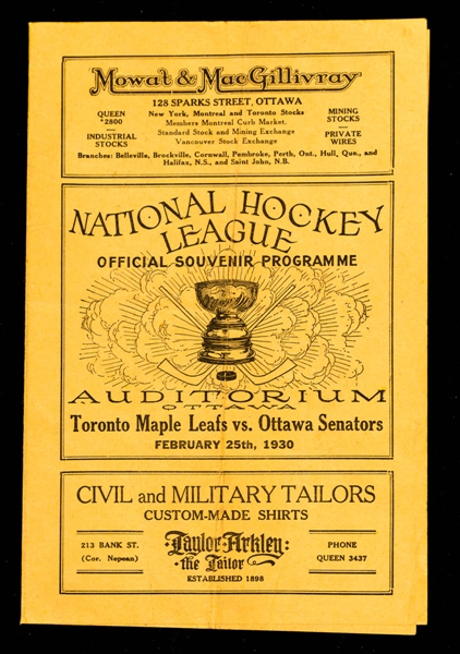 February 25, 1930 Ottawa Auditorium Program - Ottawa Senators vs Toronto Maple Leafs 
