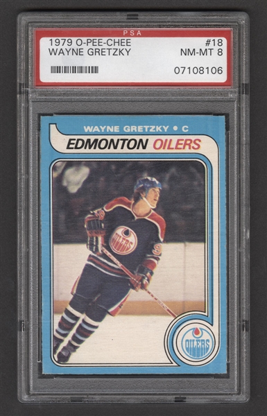 1979-80 O-Pee-Chee Hockey Card #18 HOFer Wayne Gretzky Rookie - Graded PSA 8