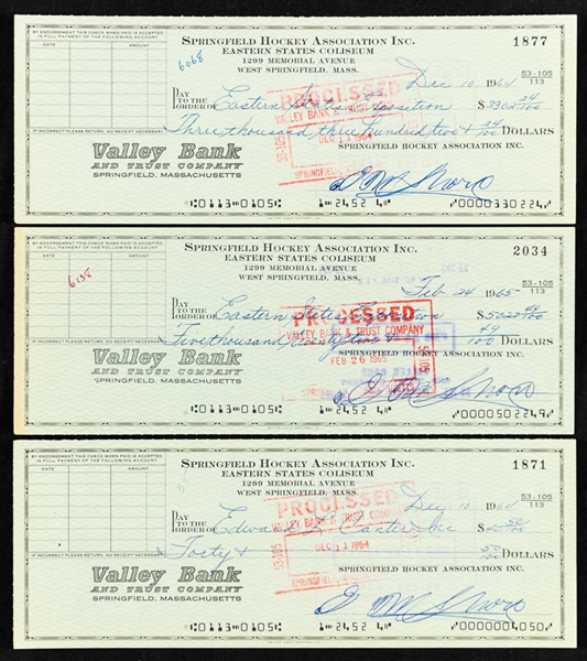 Deceased HOFer Eddie Shore Springfield Hockey Association Signed Checks (3) with LOA