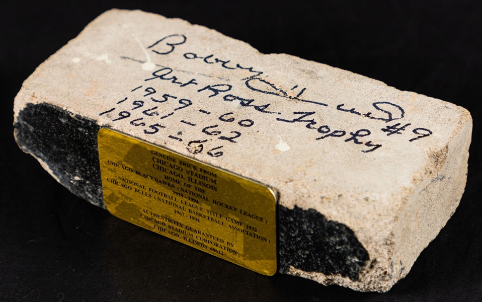 Bobby Hull Signed Original Chicago Stadium 1929-1994 Brick with Plaque and LOA - "Art Ross Trophy 1959-60, 1961-62, 1965-66" Annotation