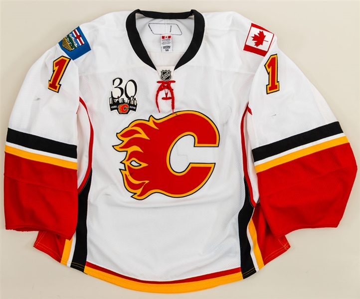 Curtis McElhinneys 2009-10 Calgary Flames Game-Worn Away Jersey with LOA - 30th Patch!