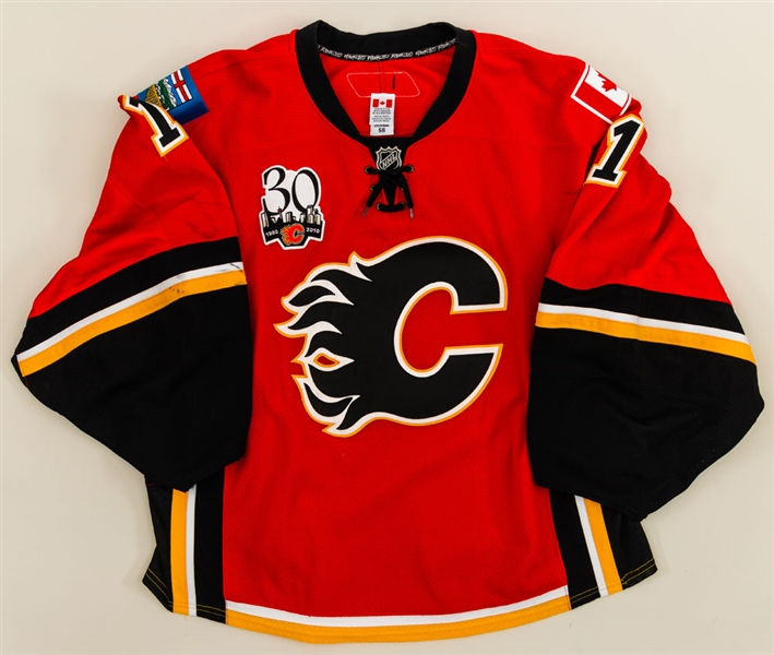 Curtis McElhinneys 2009-10 Calgary Flames Game-Worn Jersey with LOA - 30th Patch!