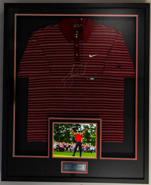 Tiger Woods Signed Tournament-Worn Nike Polo Limited-Edition Framed Display #1/1 with UDA COA (34” x 41 ½”) 