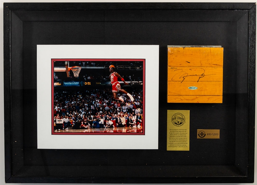 Michael Jordan Signed 1987-1994 Chicago Stadium Game-Used Floor Section Limited-Edition Framed Display #610/1000 with UDA COA (19" x 28")