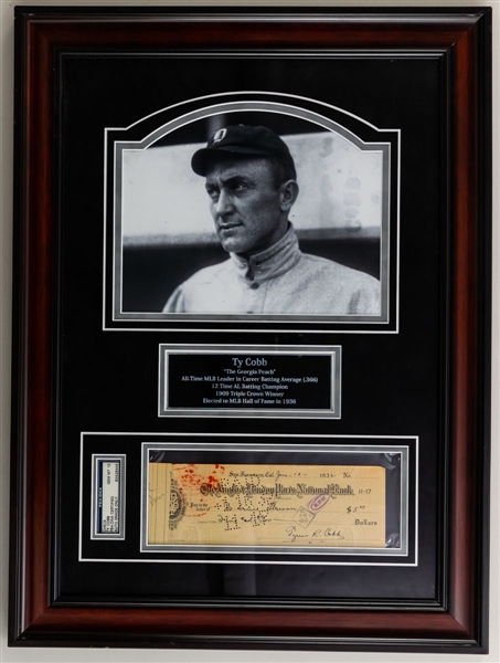 Deceased HOFer Ty Cobb Signed 1932 Personal Check Framed Display (17 ¼” x 23 ¼”) - PSA/DNA Certified - Autograph Graded GEM MT 10