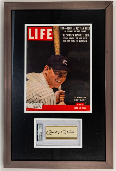 Deceased HOFer Mickey Mantle Signed Cut Framed Display with 1956 Life Magazine (17 1/4" x 26 1/4") - PSA/DNA Certified (17" x 26")