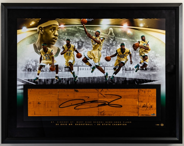 LeBron James Signed St. Vincent St. Mary High School (Fighting Irish) Game-Used Floor Section Limited-Edition Framed Display #1/23 with UDA COA (28" x 36")