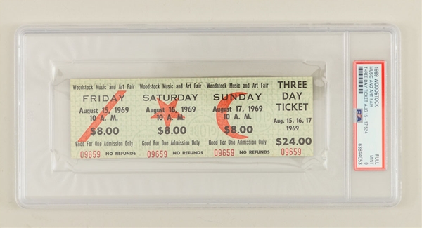 Historic 1969 Woodstock Music Festival Full 3-Day $24.00 Unused Ticket - Graded PSA 9 MINT