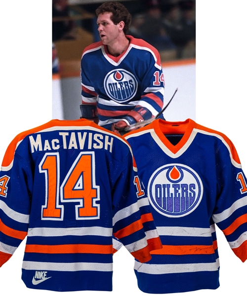 Craig MacTavishs 1986-87 Edmonton Oilers Game-Worn Jersey with LOA - Numerous Team Repairs! - Photo-Matched!