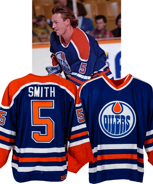 Steve Smiths 1990-91 Edmonton Oilers Game-Worn Playoffs Jersey with LOA - Team Repairs! - Photo-Matched!