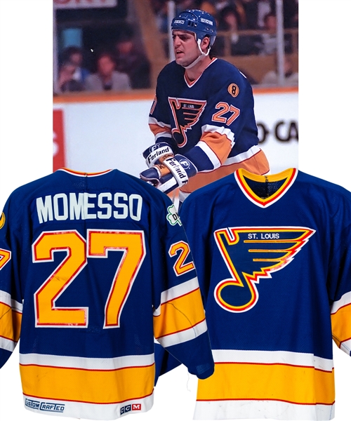 Sergio Momessos 1988-89 St. Louis Blues Game-Worn Jersey - Barcley Plager and Dan Kelly Patches! - Huge Neck Repair!