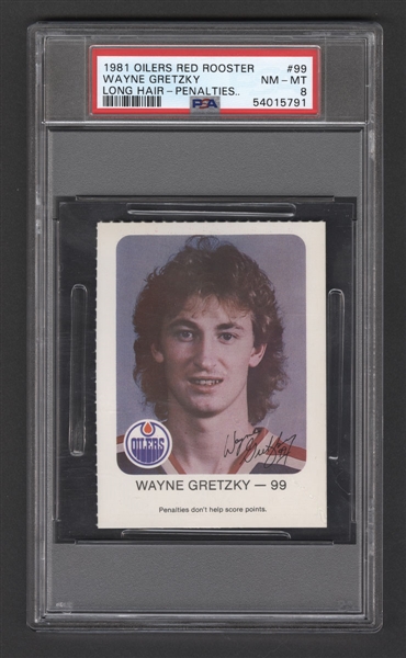 1981-82 Edmonton Oilers Red Rooster Card Wayne Gretzky "Long Hair - Penalties" - Graded PSA 8 - Pop-1 Highest Graded!
