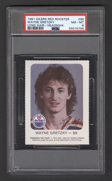 1981-82 Edmonton Oilers Red Rooster Card Wayne Gretzky "Long Hair - Headman" - Graded PSA 8 - Highest Graded!