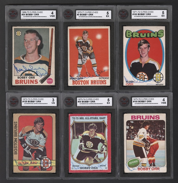 1969-70 to 1976-77 Bobby Orr Signed O-Pee-Chee Hockey Cards (7) - All Cards are KSA Graded with Autographs Certified
