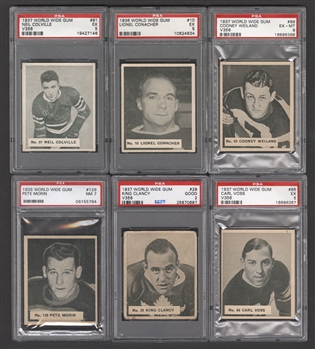 1937-38 World Wide Gum V356 PSA-Graded Hockey Cards (22) Including #10 HOFer L. Conacher (EX 5), #69 HOFer C. Weiland (EX-MT 6), #91 HOFer N. Colville (EX 5) and #66 HOFer C. Voss Rookie (EX 5)