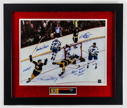 Bobby Orr "The Goal" Multi-Signed Framed Photograph with Orr, Hall, Sanderson, Talbot and Carleton with GNR COA (23 1/4” x 27 1/4”)