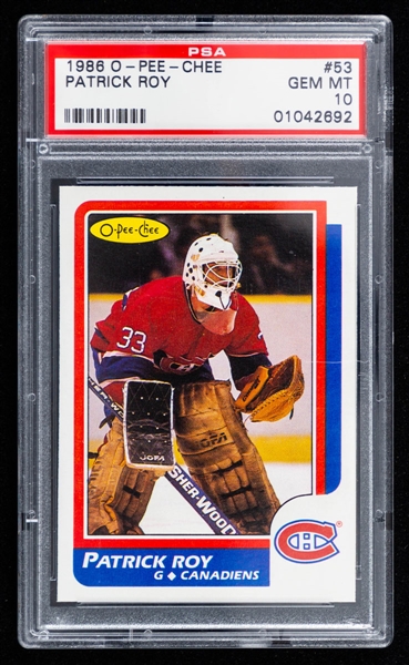 1986-87 O-Pee-Chee Hockey Card #53 HOFer Patrick Roy Rookie - Graded PSA GEM MT 10