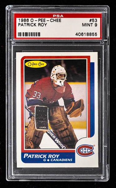 1986-87 O-Pee-Chee Hockey Card #53 HOFer Patrick Roy RC - Graded PSA 9