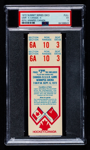 1972 Canada-Russia Series Game 3 Full Ticket from Winnipeg Arena (Red Variation) - Graded PSA 5 - Highest Graded!