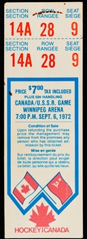1972 Canada-Russia Series Game 3 Full Ticket from Winnipeg Arena