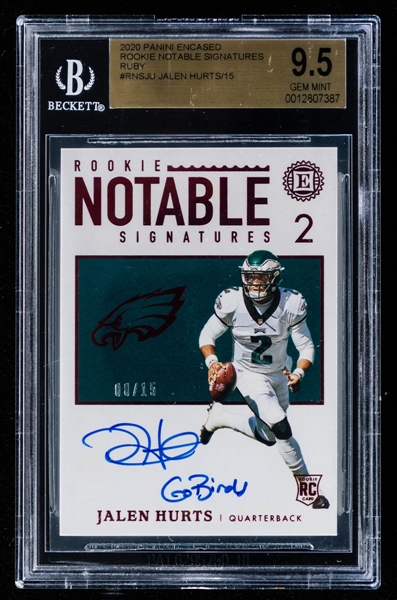 2020 Panini Encased Rookie Notable Signatures Ruby Football Card #RNS-JU Jalen Hurts (08/15) - Graded Becket 9.5