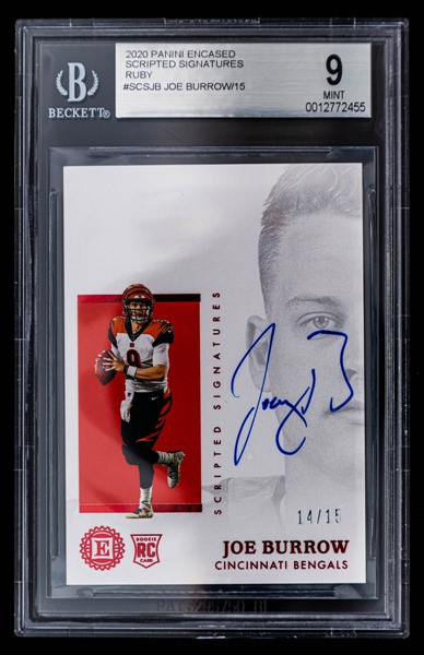 2020 Panini Encased Scripted Signatures Ruby Football Card #SCS-JB Joe Burrow Rookie (14/15) - Graded Becket 9